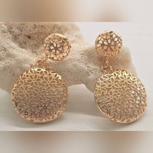 Gold Tone Filigree Drop Earrings - Elegant Floral Disc Design